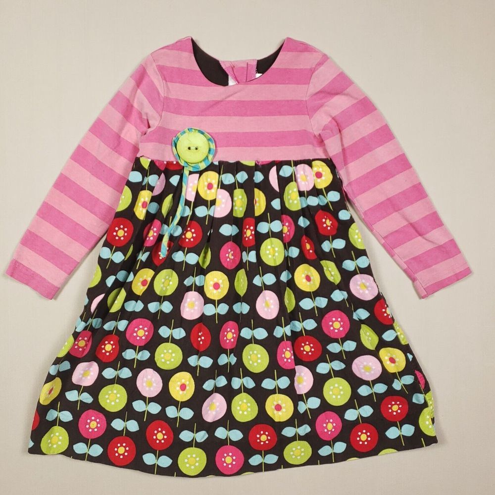 Peaches N Cream Dress Girl 5 Pink Brown Floral Corduroy Long Sleeve Kawaii